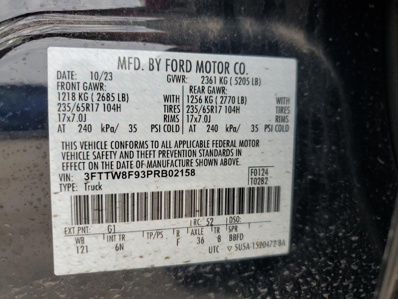 2023 FORD MAVERICK XL VIN:3FTTW8F93PRB02158