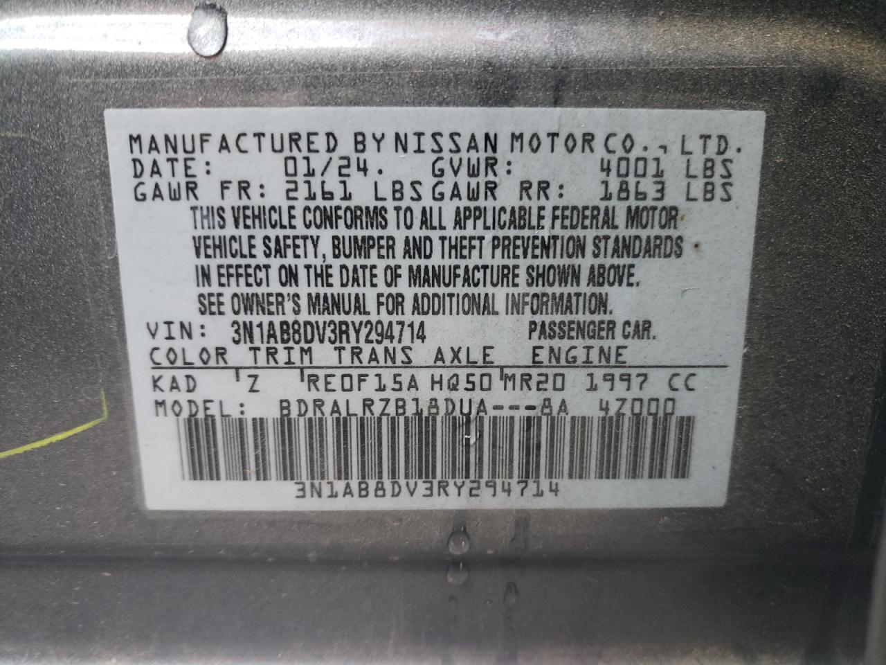 2024 NISSAN SENTRA SR VIN:3N1AB8DV3RY294714