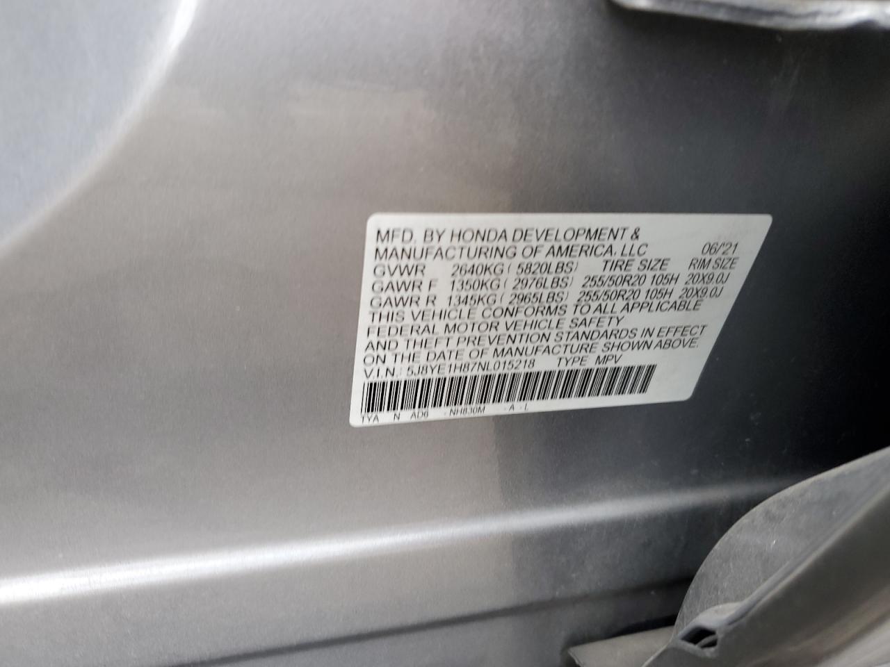 2022 ACURA MDX ADVANCE VIN:5J8YE1H87NL015218