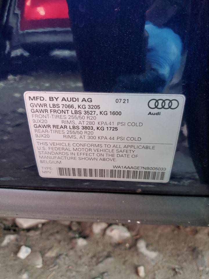 2022 AUDI E-TRON PREMIUM VIN:WA1AAAGE7NB005033