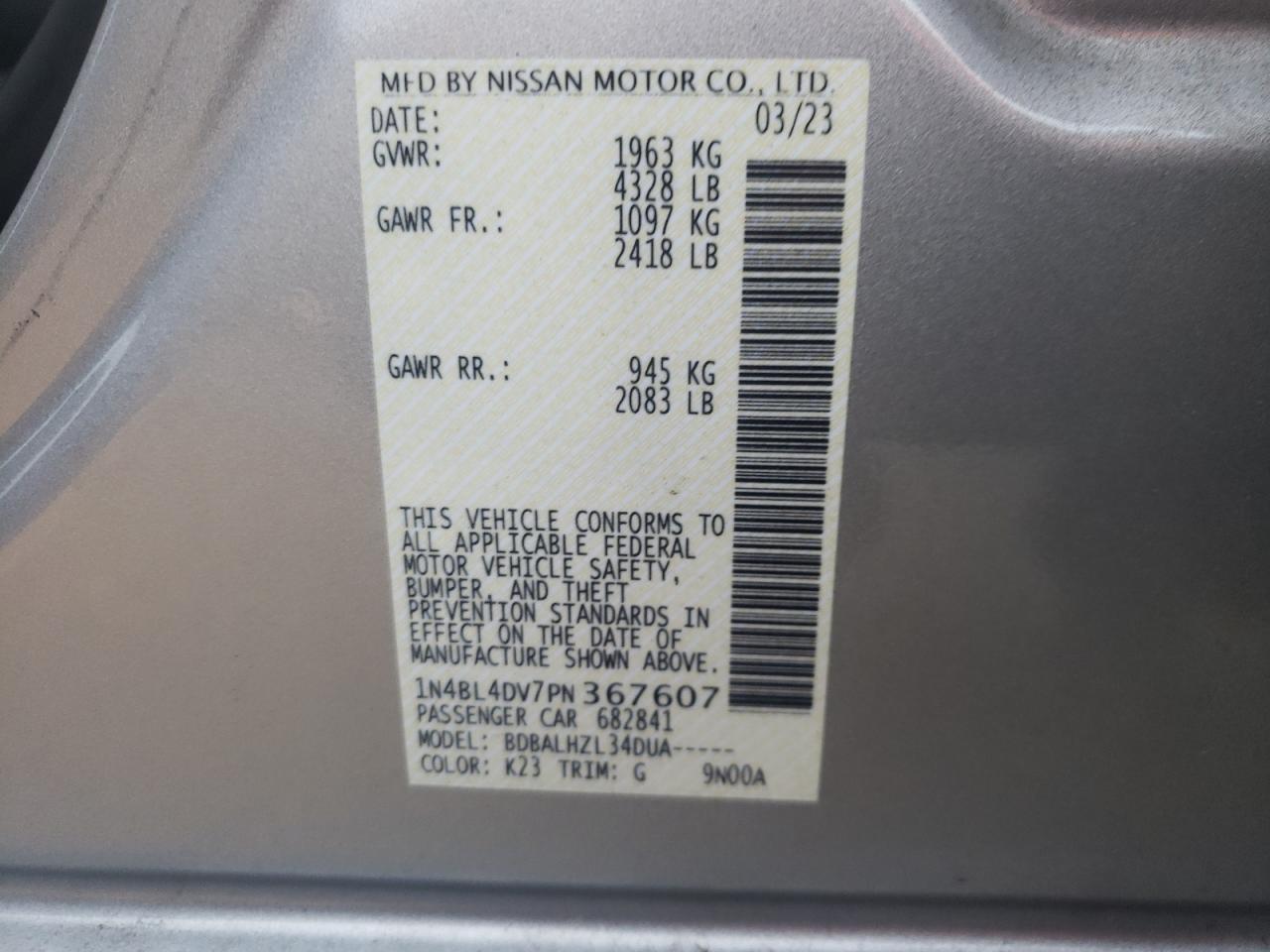 2023 NISSAN ALTIMA SV VIN:1N4BL4DV7PN367607