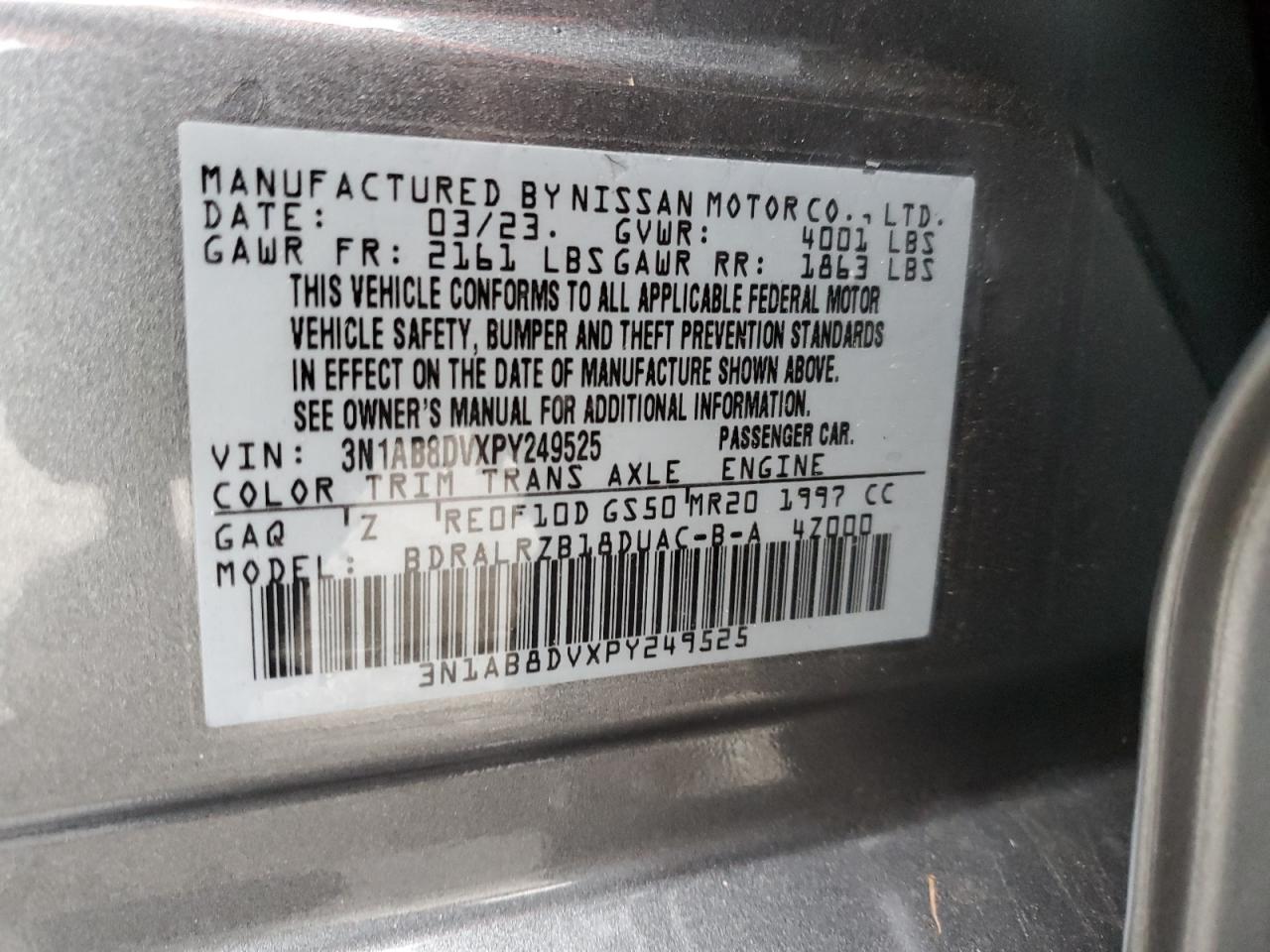 2023 NISSAN SENTRA SR VIN:3N1AB8DVXPY249525