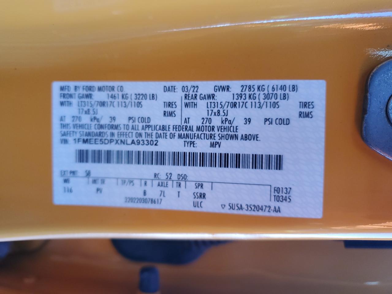 2022 FORD BRONCO BASE VIN:1FMEE5DPXNLA93302
