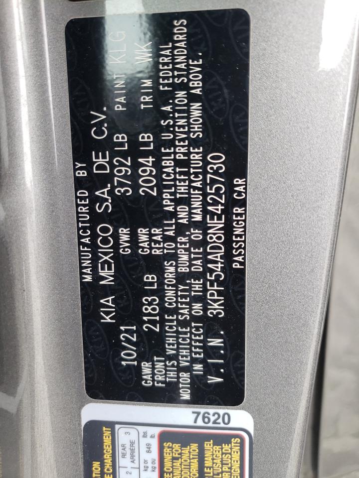 2022 KIA FORTE GT LINE VIN:3KPF54AD8NE425730