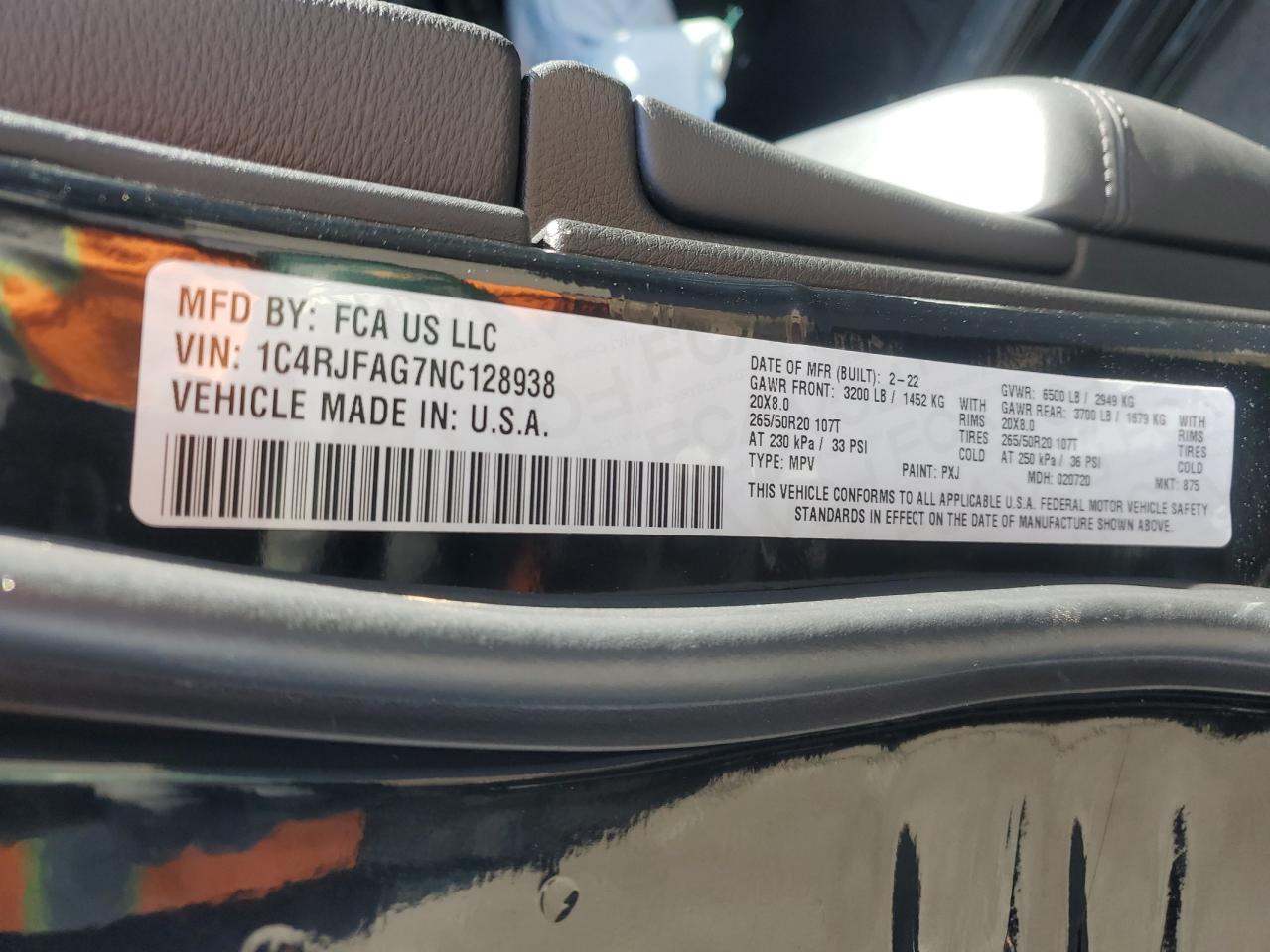 2022 JEEP GRAND CHEROKEE LAREDO E VIN:1C4RJFAG7NC128938