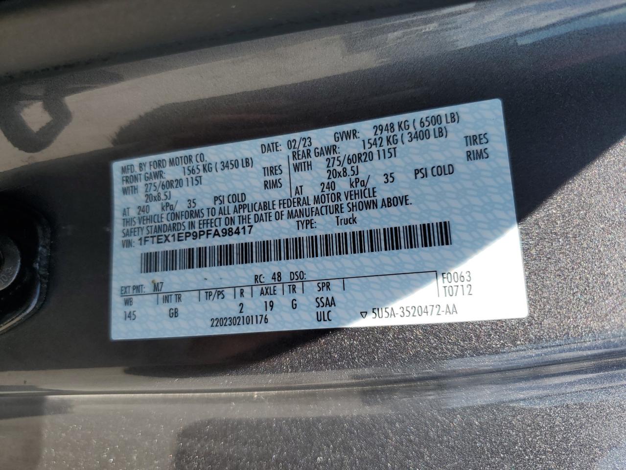 2023 FORD F150 SUPER CAB VIN:1FTEX1EP9PFA98417