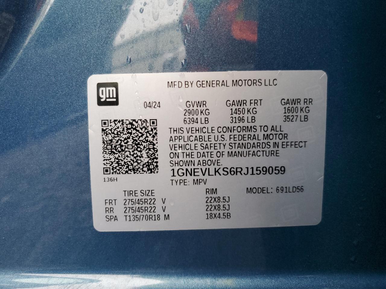 2024 CHEVROLET TRAVERSE RS VIN:1GNEVLKS6RJ159059