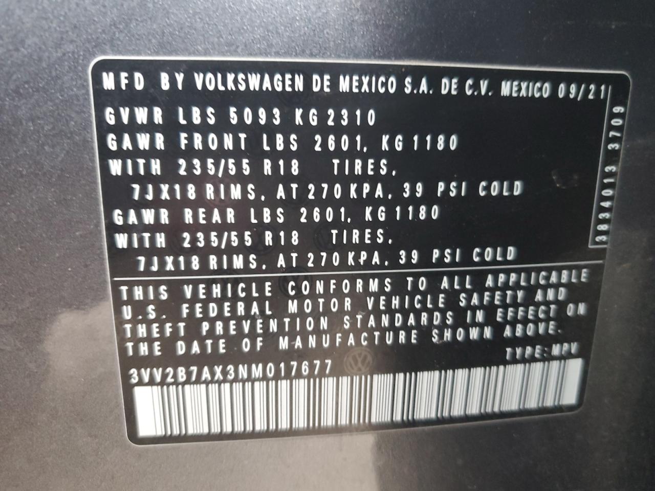 2022 VOLKSWAGEN TIGUAN SE VIN:3VV2B7AX3NM017677