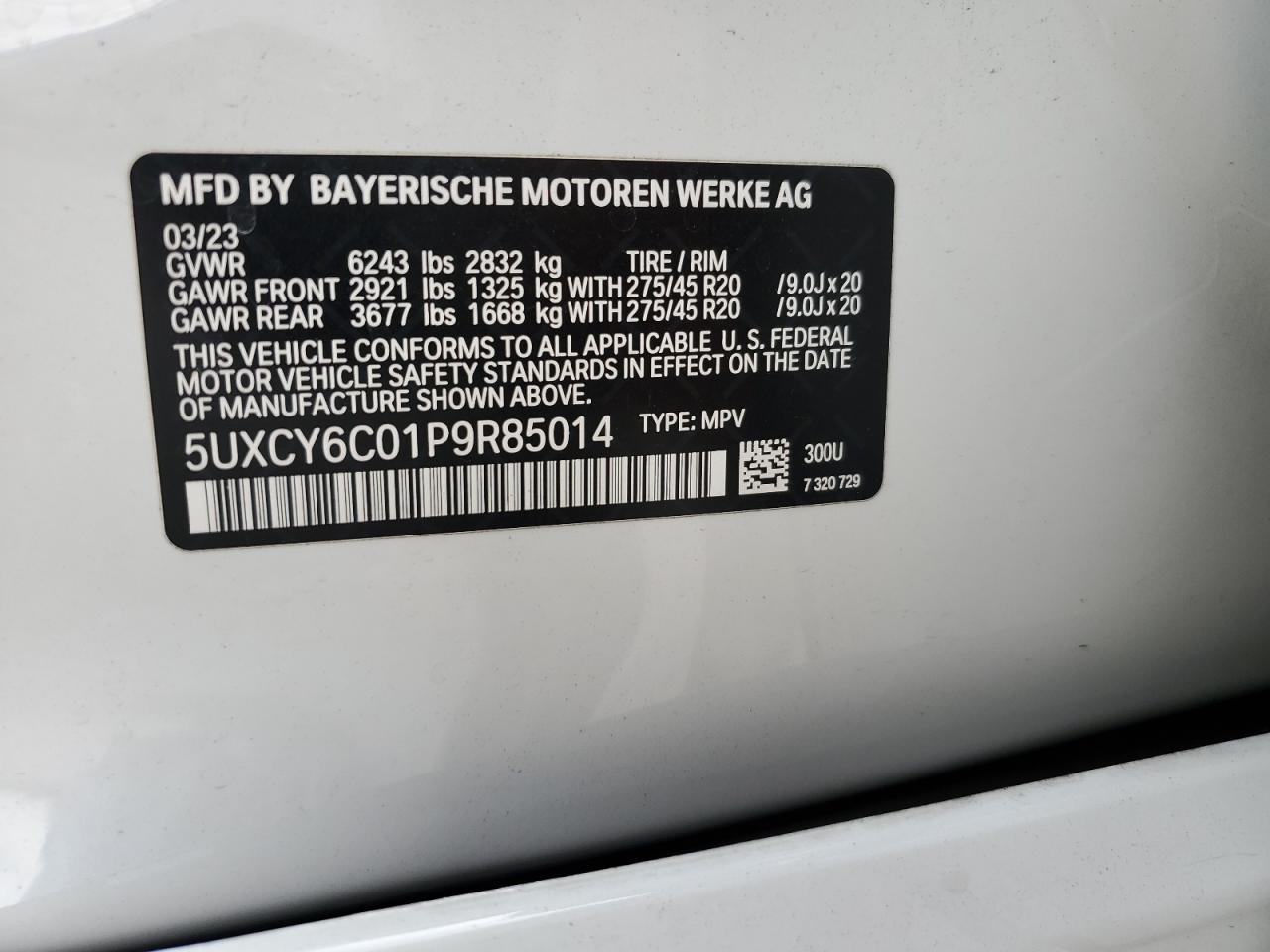 2023 BMW X6 XDRIVE40I VIN:5UXCY6C01P9R85014