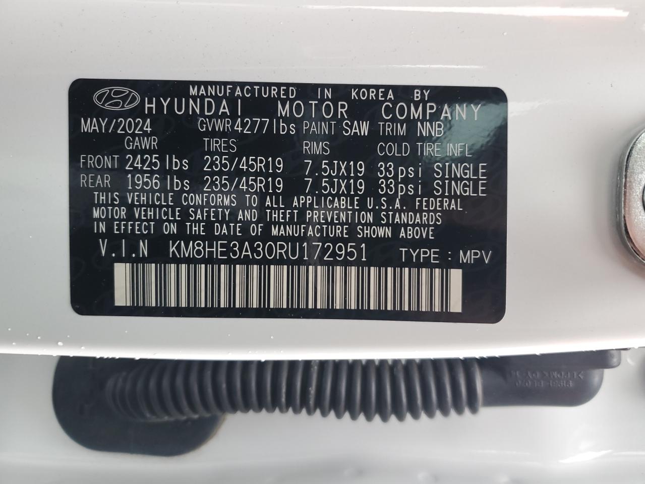 2024 HYUNDAI KONA LIMITED VIN:KM8HE3A30RU172951