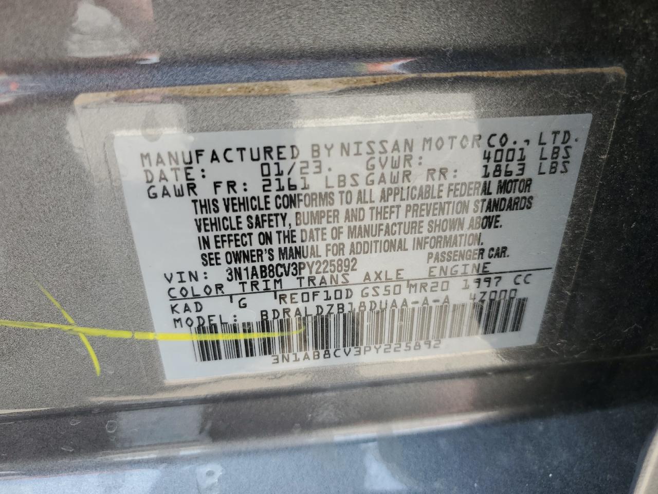 2023 NISSAN SENTRA SV VIN:3N1AB8CV3PY225892