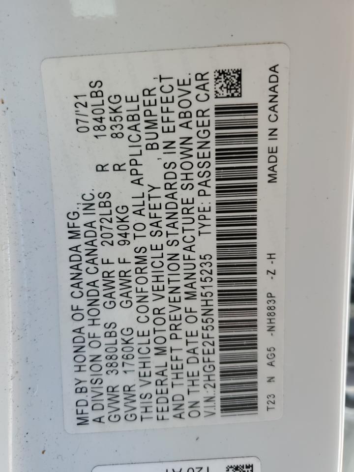 2022 HONDA CIVIC SPORT VIN:2HGFE2F55NH515235