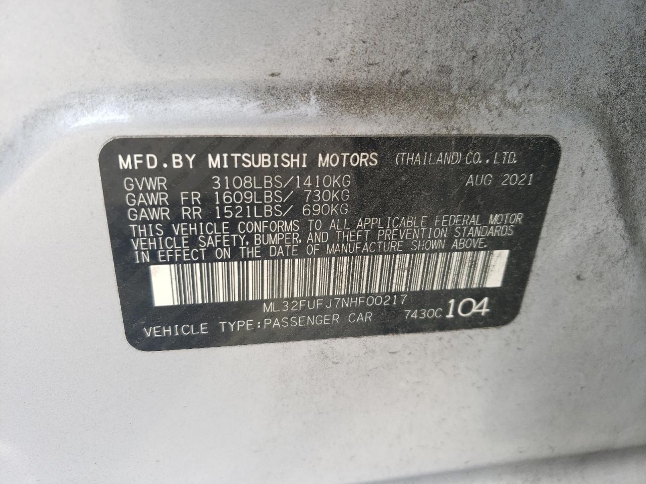 2022 MITSUBISHI MIRAGE G4 ES VIN:ML32FUFJ7NHF00217