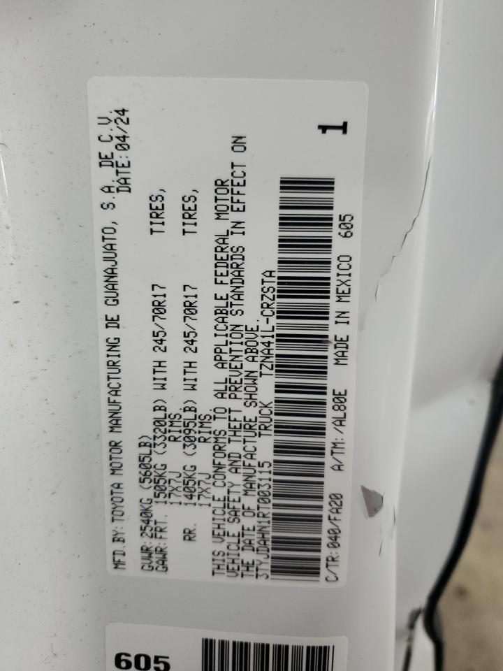 2024 TOYOTA TACOMA XTRACAB VIN:3TYJDAHN1RT003115