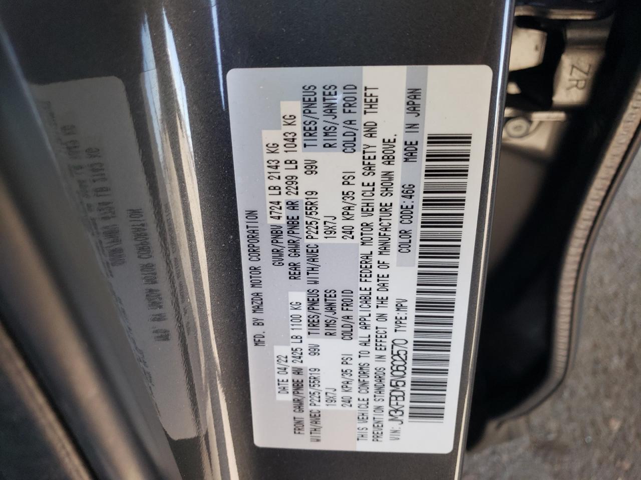 2022 MAZDA CX-5 PREMIUM VIN:JM3KFBDM5N0602570