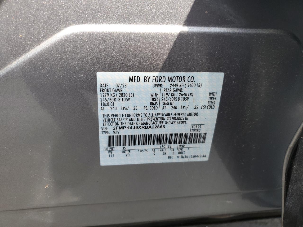 2024 FORD EDGE SEL VIN:2FMPK4J9XRBA22866
