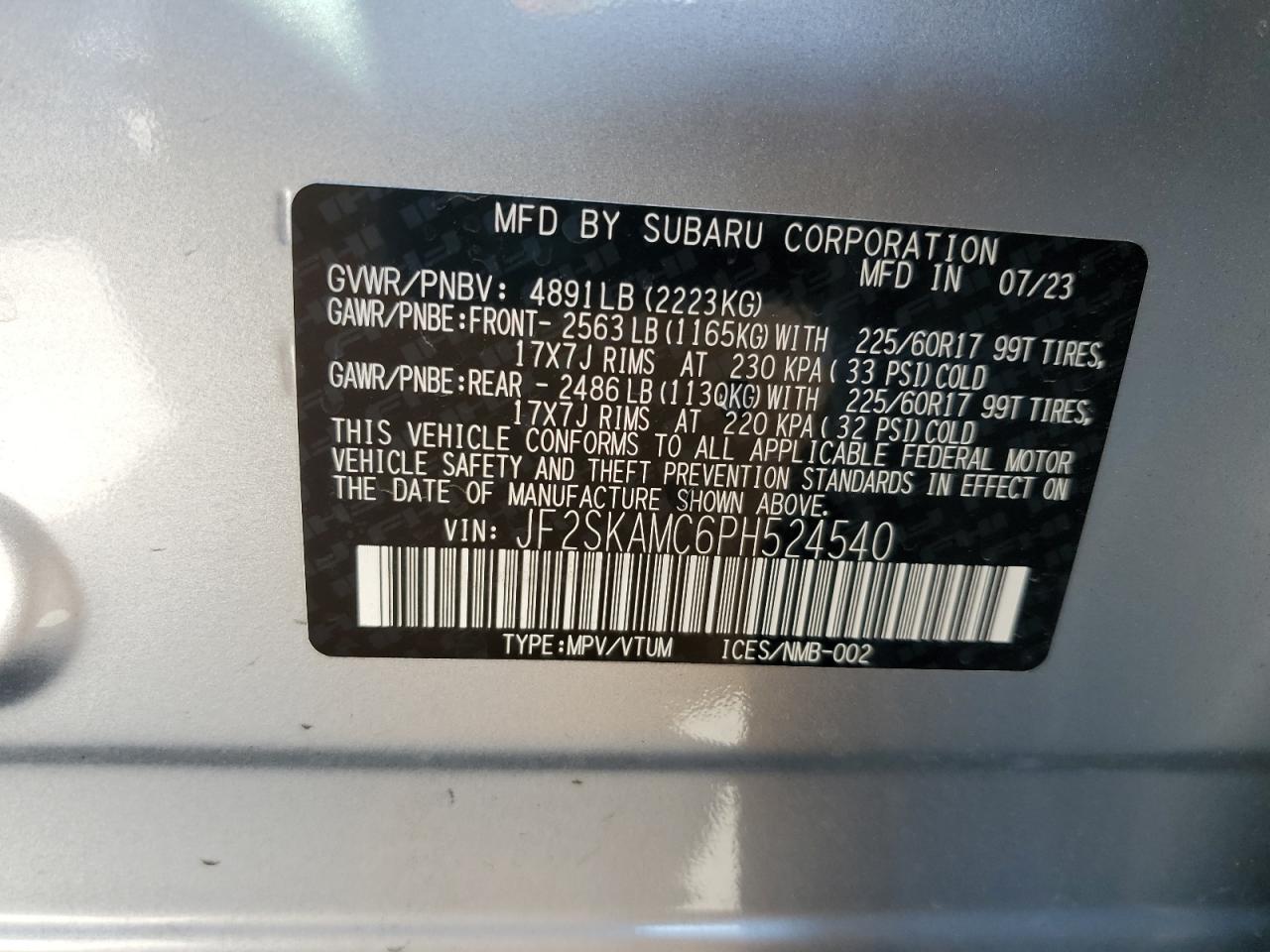 2023 SUBARU FORESTER WILDERNESS VIN:JF2SKAMC6PH524540