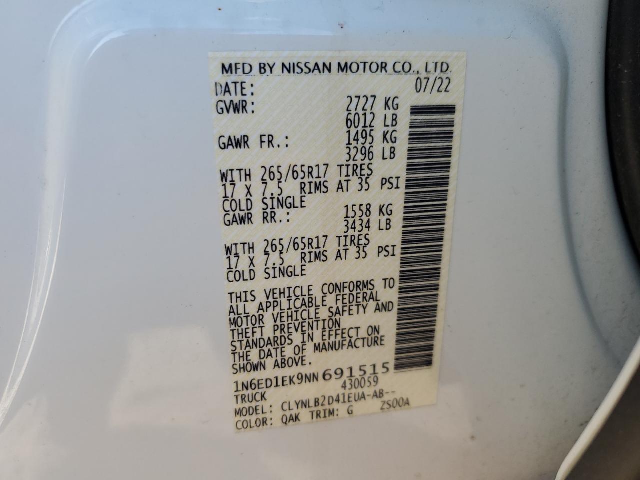 2022 NISSAN FRONTIER S VIN:1N6ED1EK9NN691515