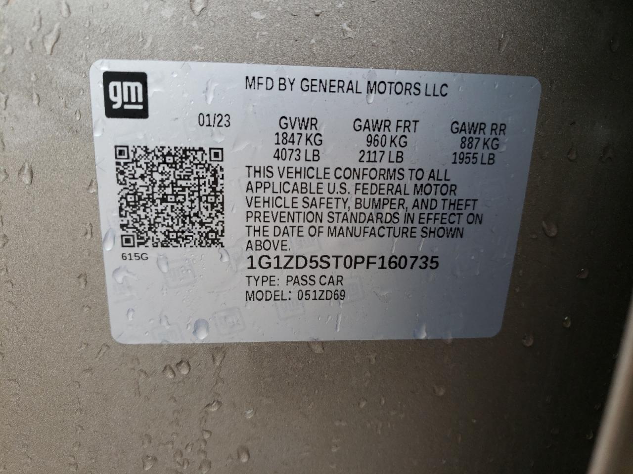 2023 CHEVROLET MALIBU LT VIN:1G1ZD5ST0PF160735