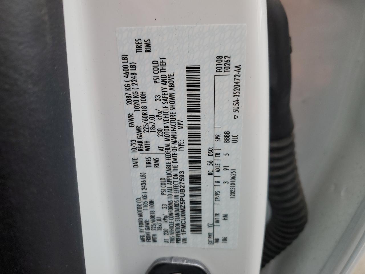 2023 FORD ESCAPE ST LINE VIN:1FMCU0MZ5PUB27593