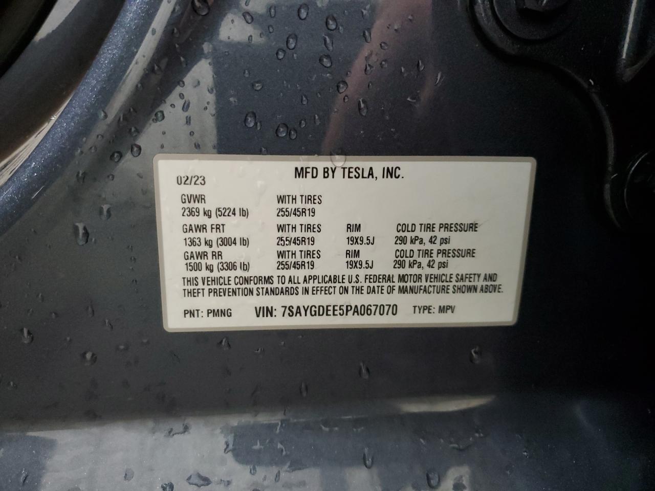 2023 TESLA MODEL Y  VIN:7SAYGDEE5PA067070