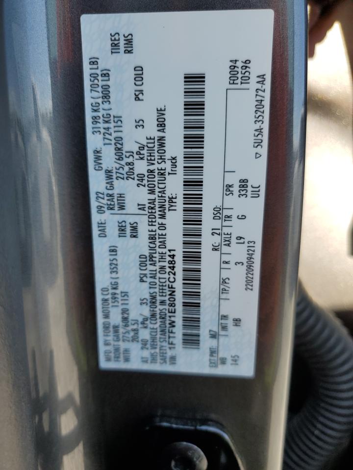 2022 FORD F150 SUPERCREW VIN:1FTFW1E80NFC24841