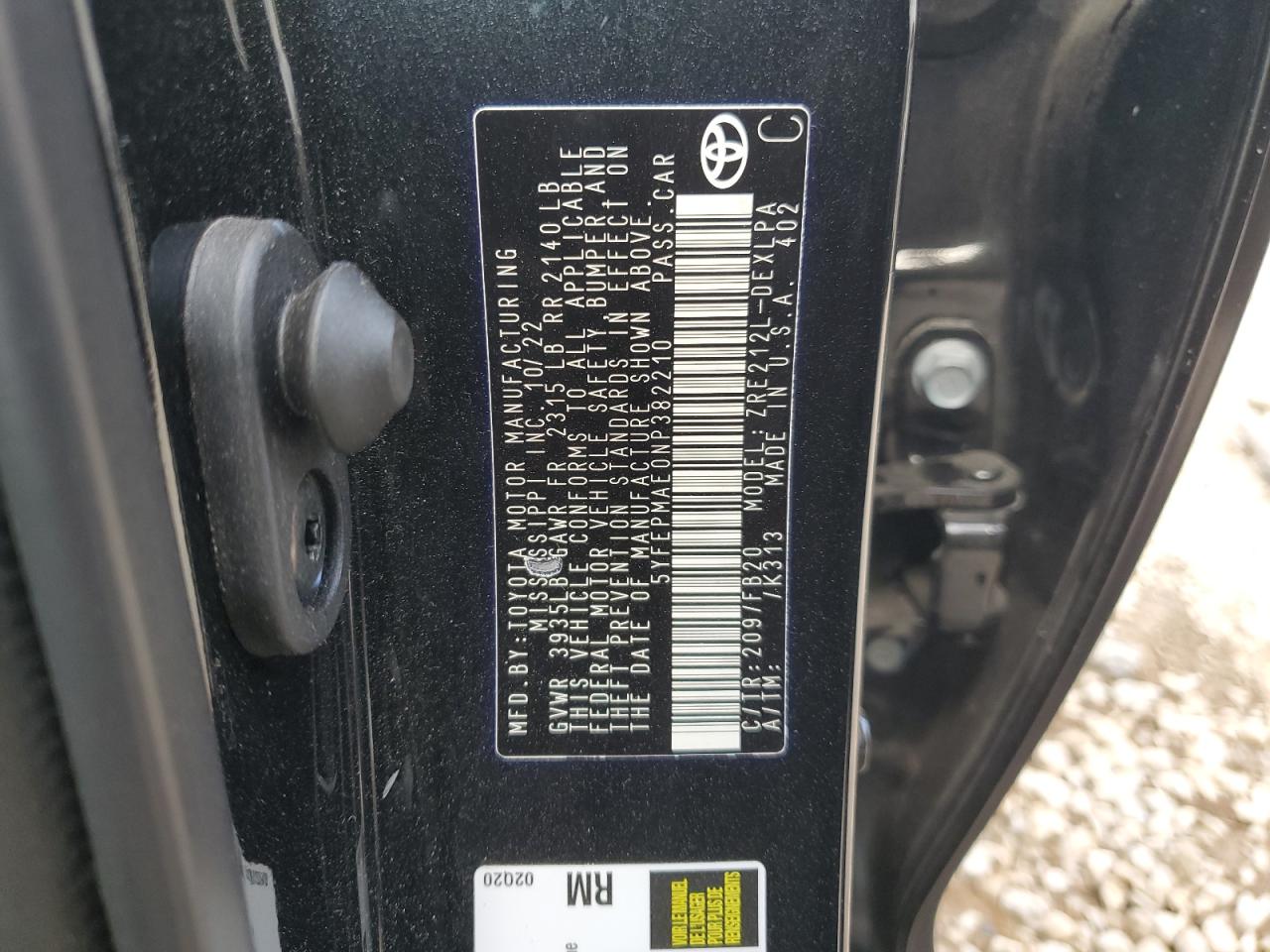 2022 TOYOTA COROLLA LE VIN:5YFEPMAE0NP382210