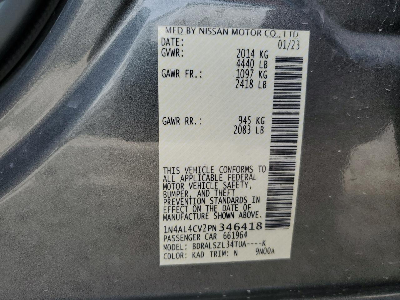 2023 NISSAN ALTIMA SR VIN:1N4AL4CV2PN346418