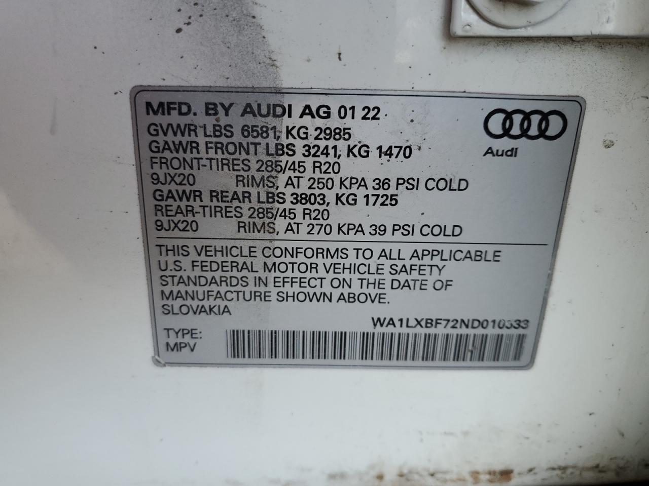 2022 AUDI Q7 PREMIUM PLUS VIN:WA1LXBF72ND010533