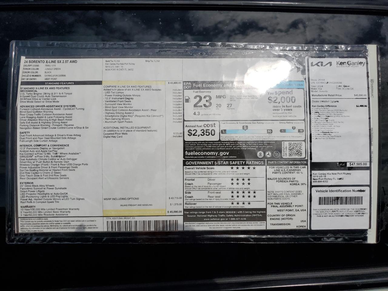 2024 KIA SORENTO SX VIN:5XYRKDJF0RG309096