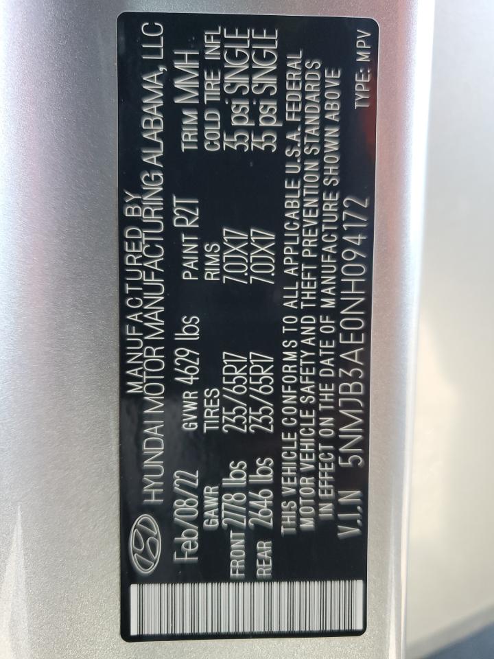 2022 HYUNDAI TUCSON SEL VIN:5NMJB3AE0NH094172