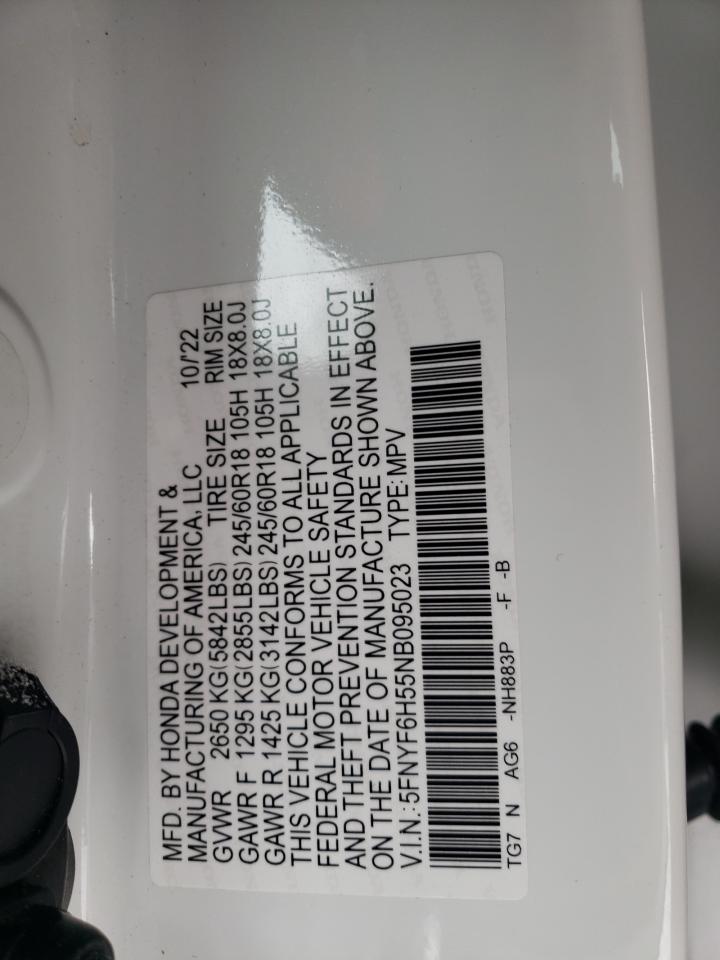 2022 HONDA PILOT EXL VIN:5FNYF6H55NB095023