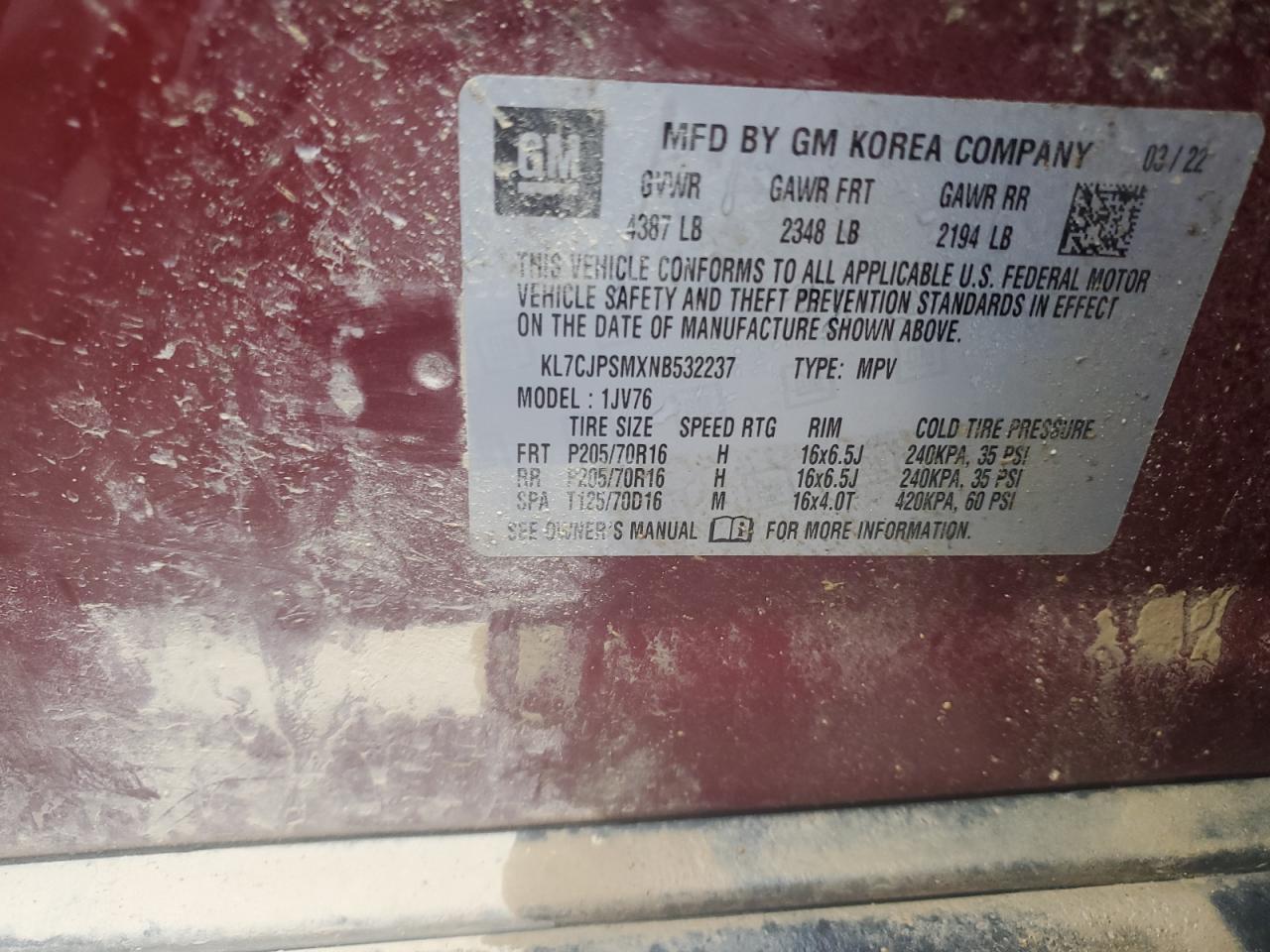 2022 CHEVROLET TRAX 1LT VIN:KL7CJPSMXNB532237