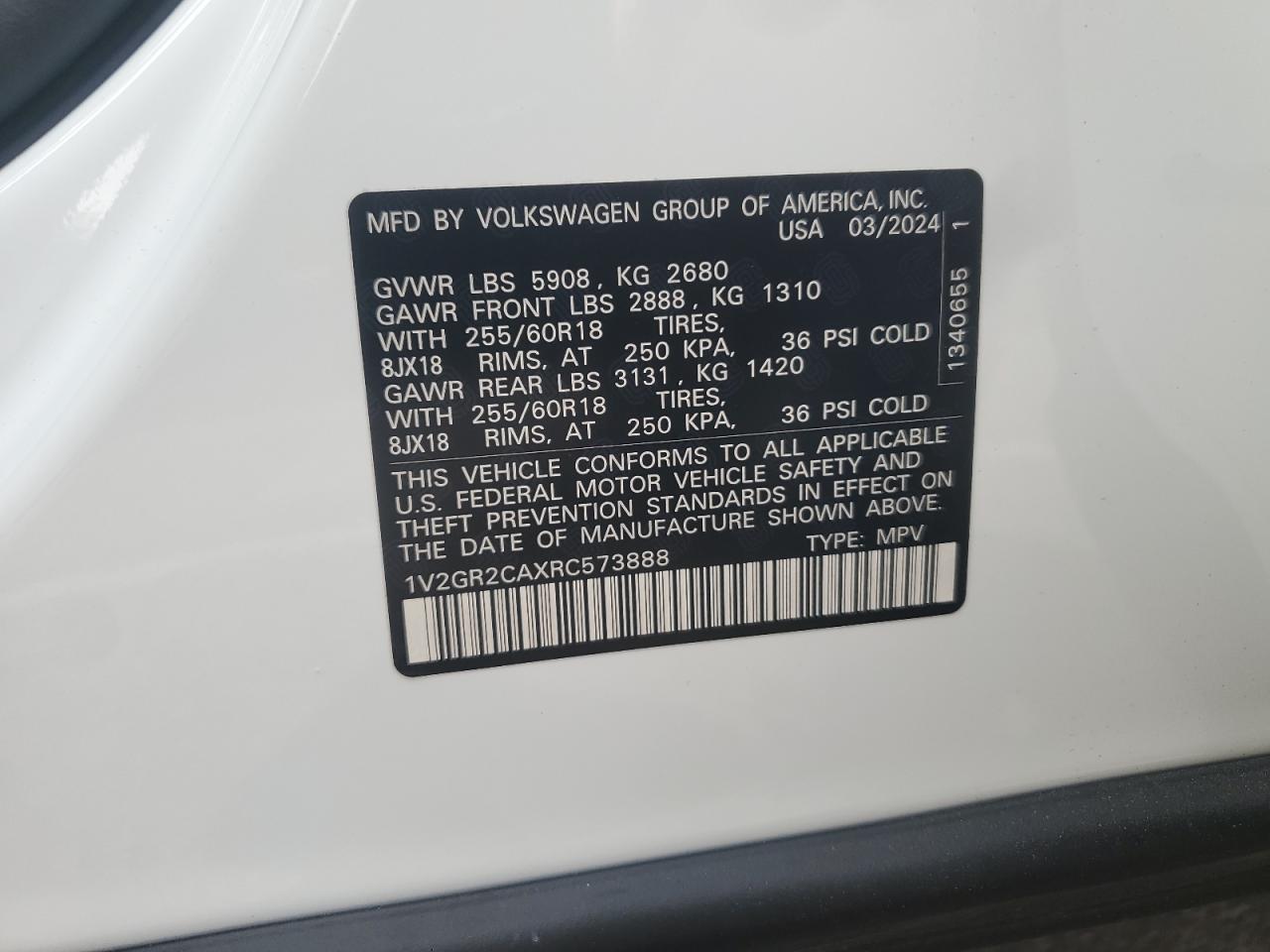 2024 VOLKSWAGEN ATLAS PEAK EDITION SEL VIN:1V2GR2CAXRC573888