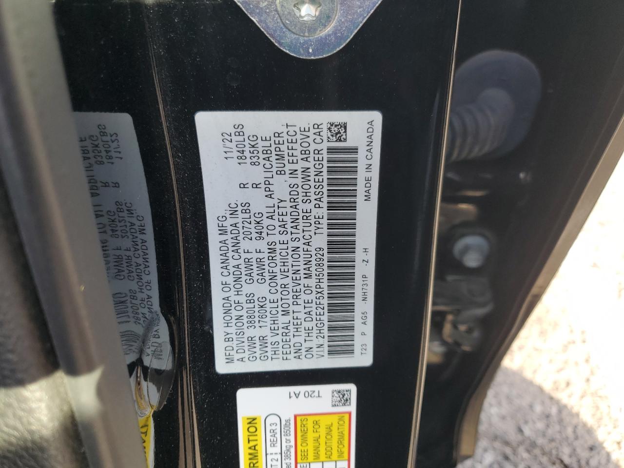 2023 HONDA CIVIC SPORT VIN:2HGFE2F5XPH508929