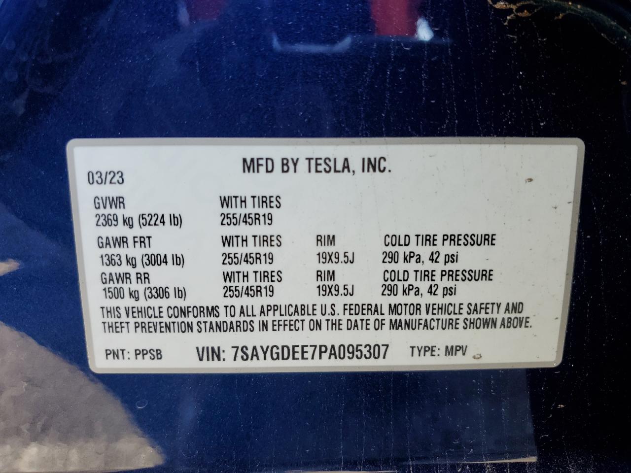 2023 TESLA MODEL Y  VIN:7SAYGDEE7PA095307