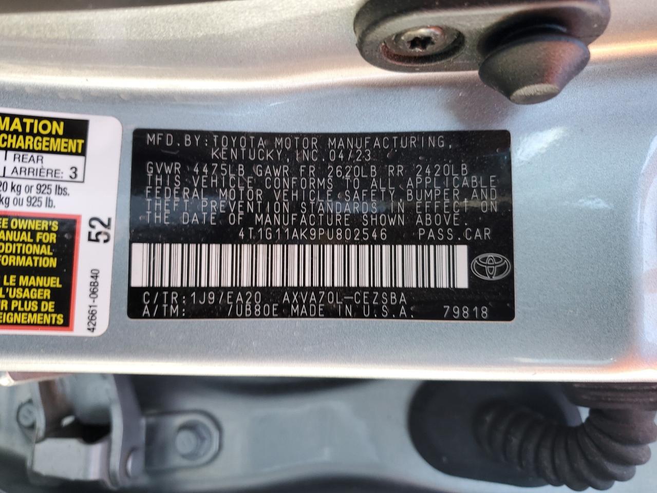 2023 TOYOTA CAMRY SE NIGHT SHADE VIN:4T1G11AK9PU802546