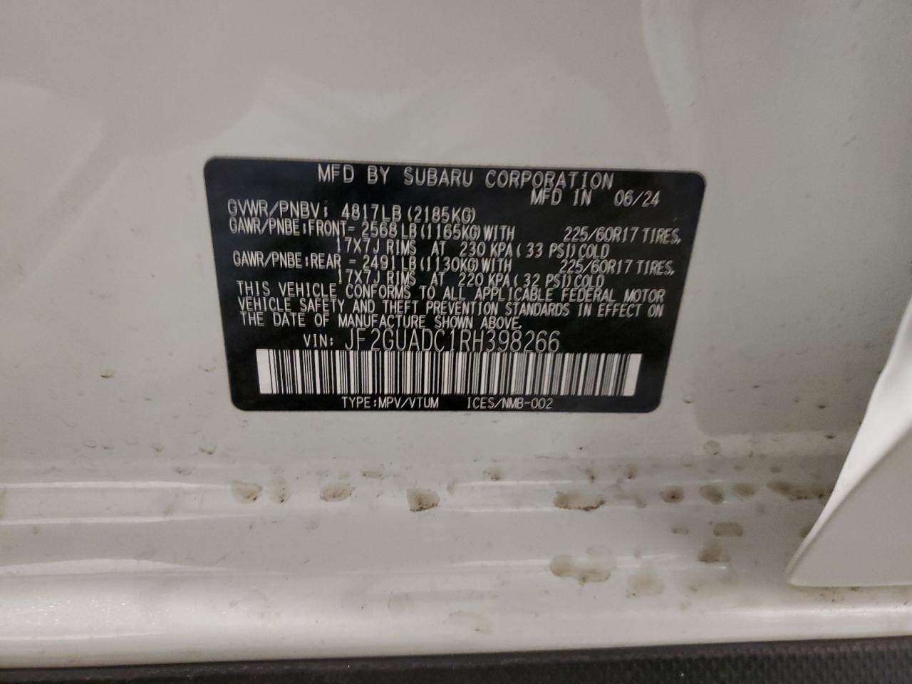 2024 SUBARU CROSSTREK PREMIUM VIN:JF2GUADC1RH398266