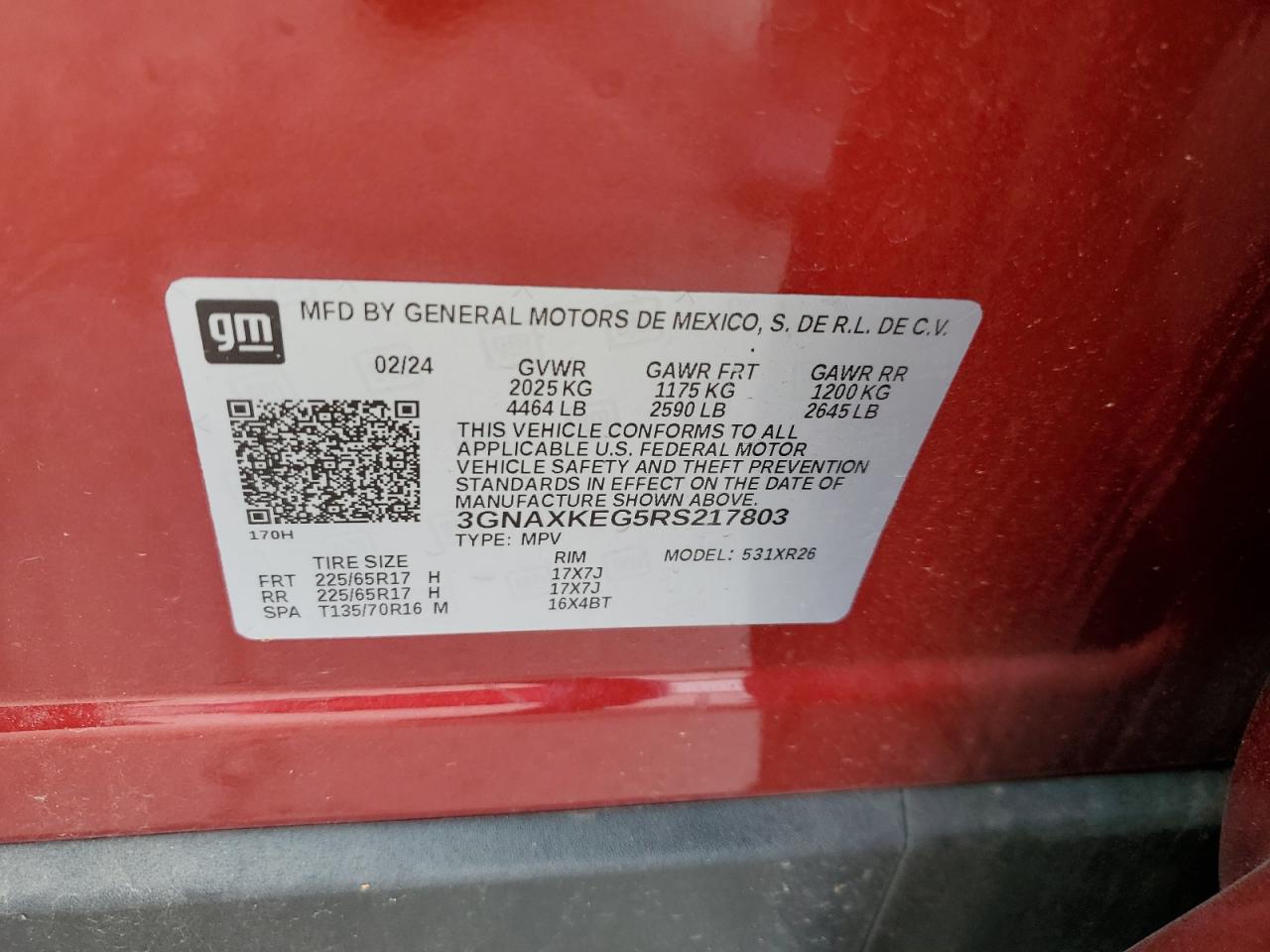 2024 CHEVROLET EQUINOX LT VIN:3GNAXKEG5RS217803