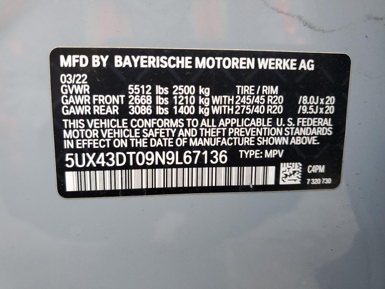 2022 BMW X4 M40I VIN:5UX43DT09N9L67136