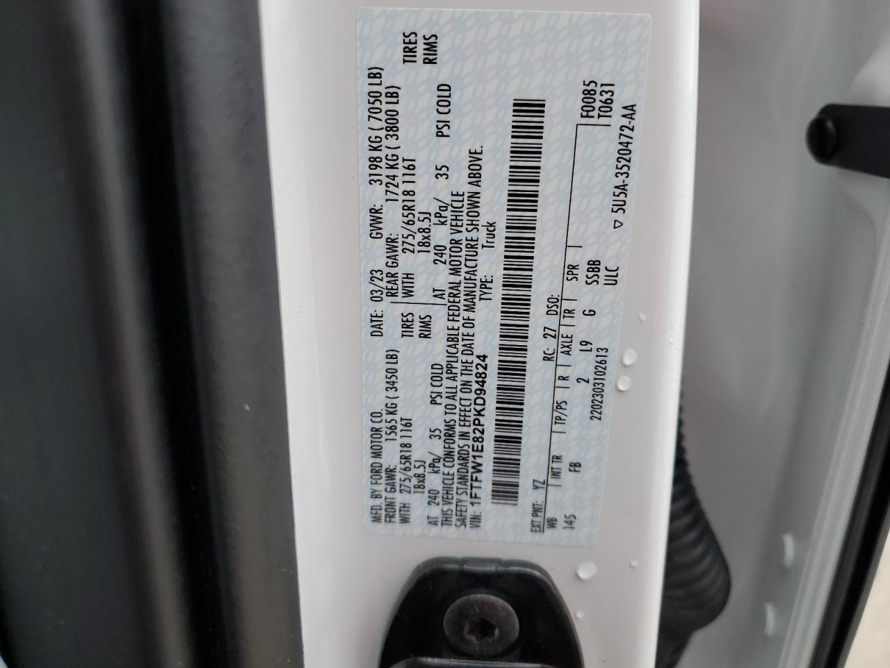 2023 FORD F150 SUPERCREW VIN:1FTFW1E82PKD94824