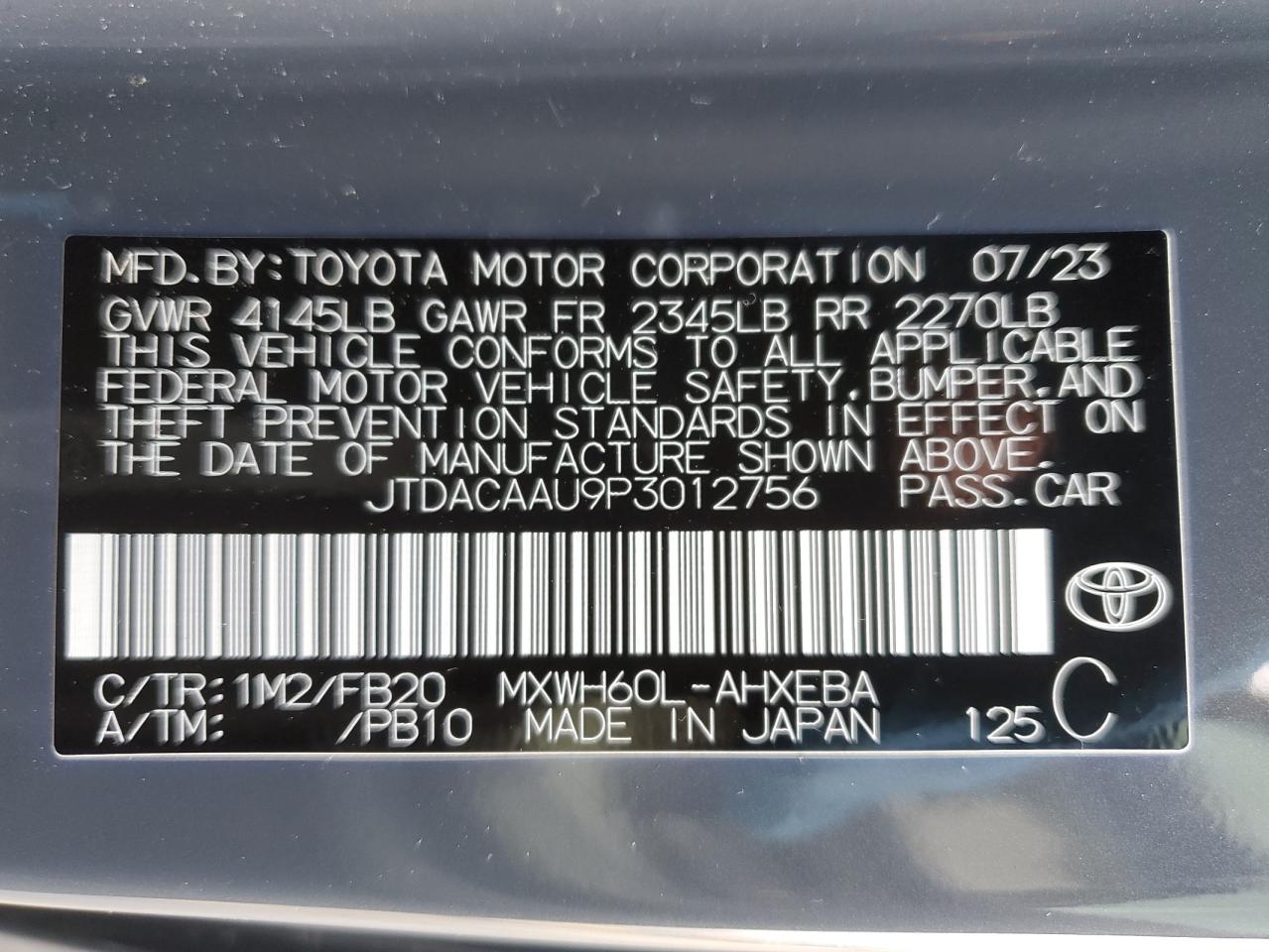 2023 TOYOTA PRIUS LE VIN:JTDACAAU9P3012756