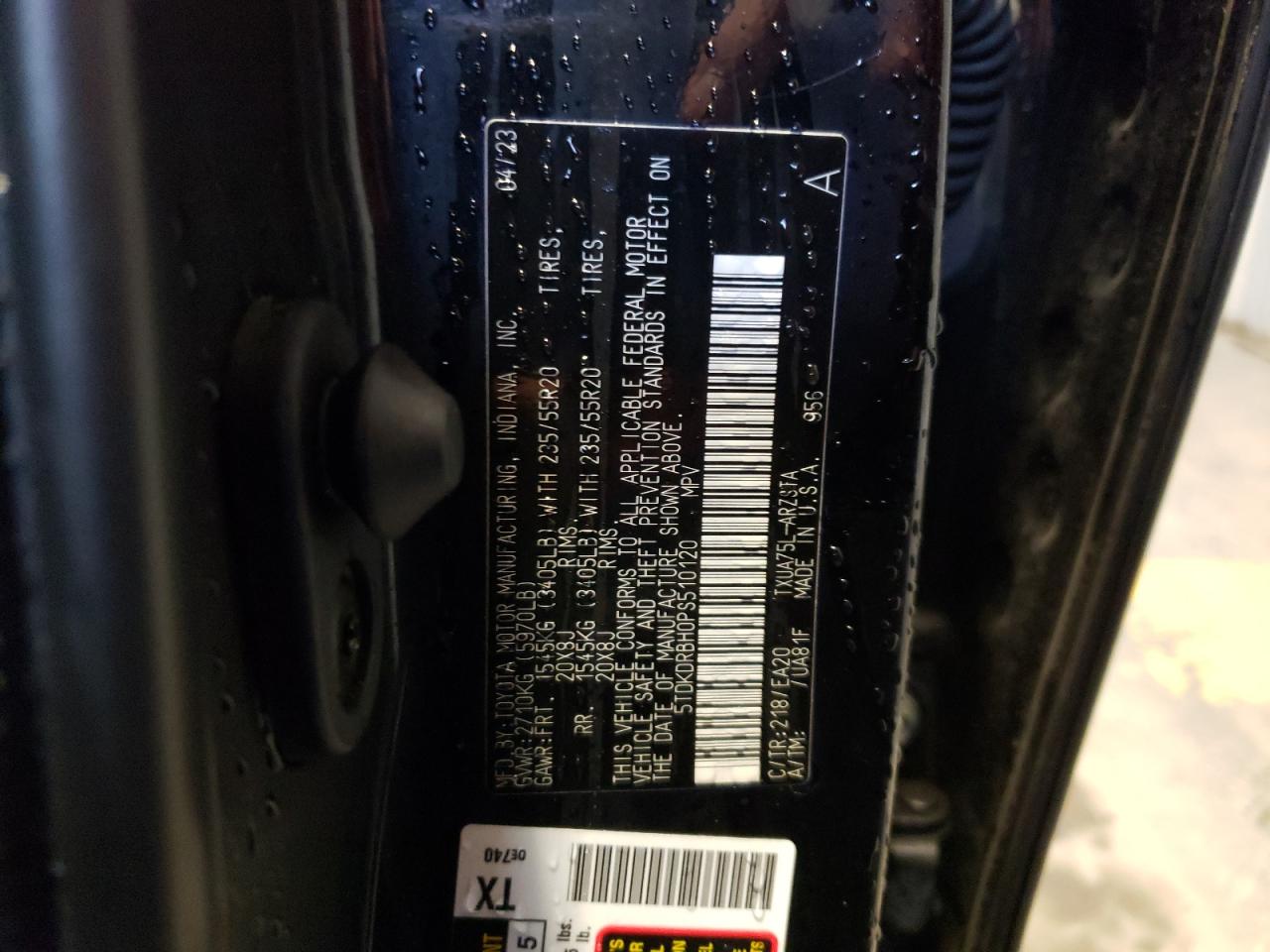 2023 TOYOTA HIGHLANDER L VIN:5TDKDRBH0PS510120