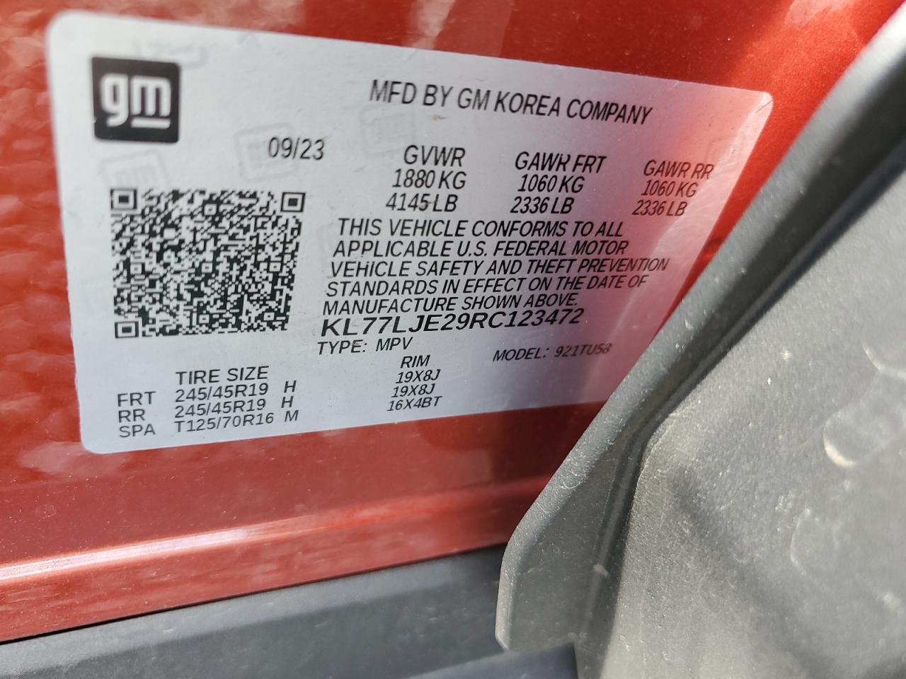 2024 CHEVROLET TRAX 2RS VIN:KL77LJE29RC123472