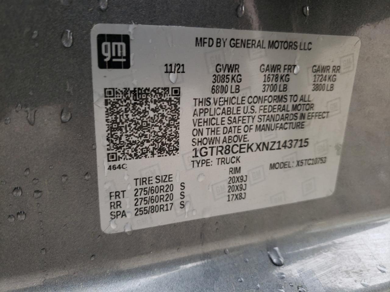 2022 GMC SIERRA LIMITED C1500 ELEVATION VIN:1GTR8CEKXNZ143715