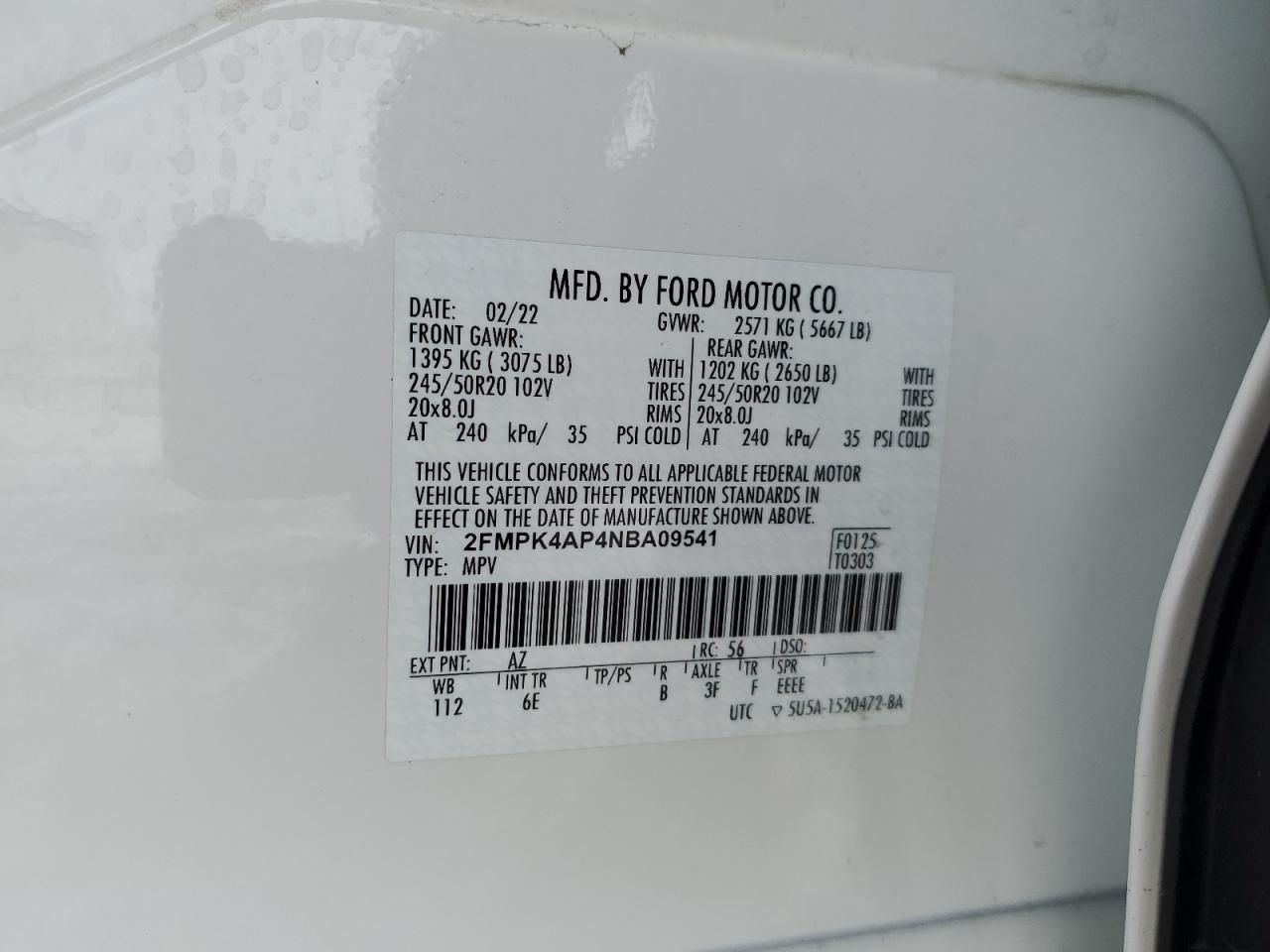 2022 FORD EDGE ST VIN:2FMPK4AP4NBA09541