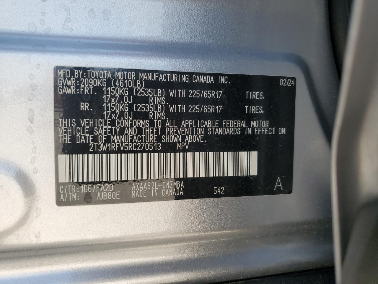 2024 TOYOTA RAV4 XLE VIN:2T3W1RFV5RC270513