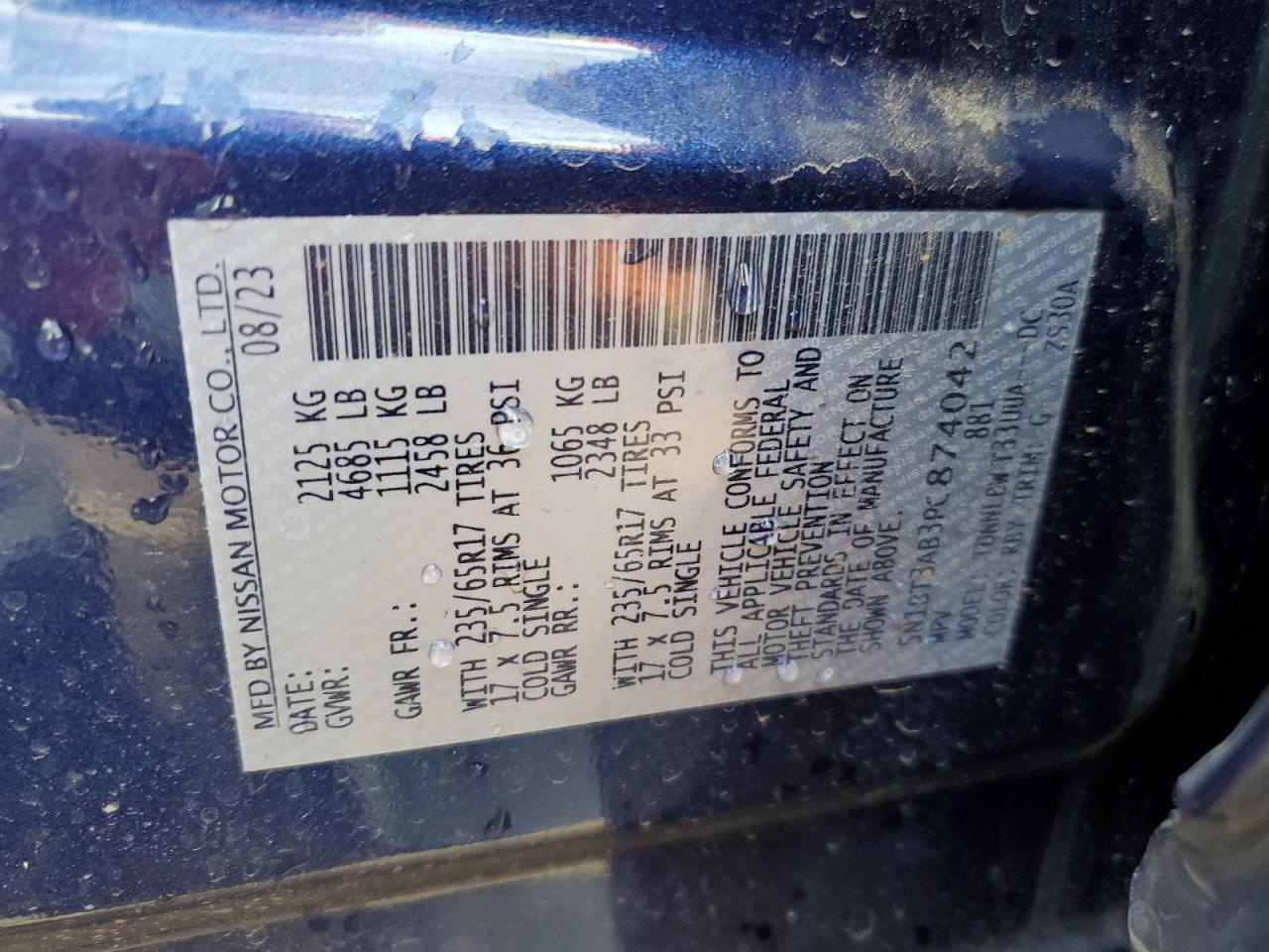 2023 NISSAN ROGUE S VIN:5N1BT3AB3PC874042