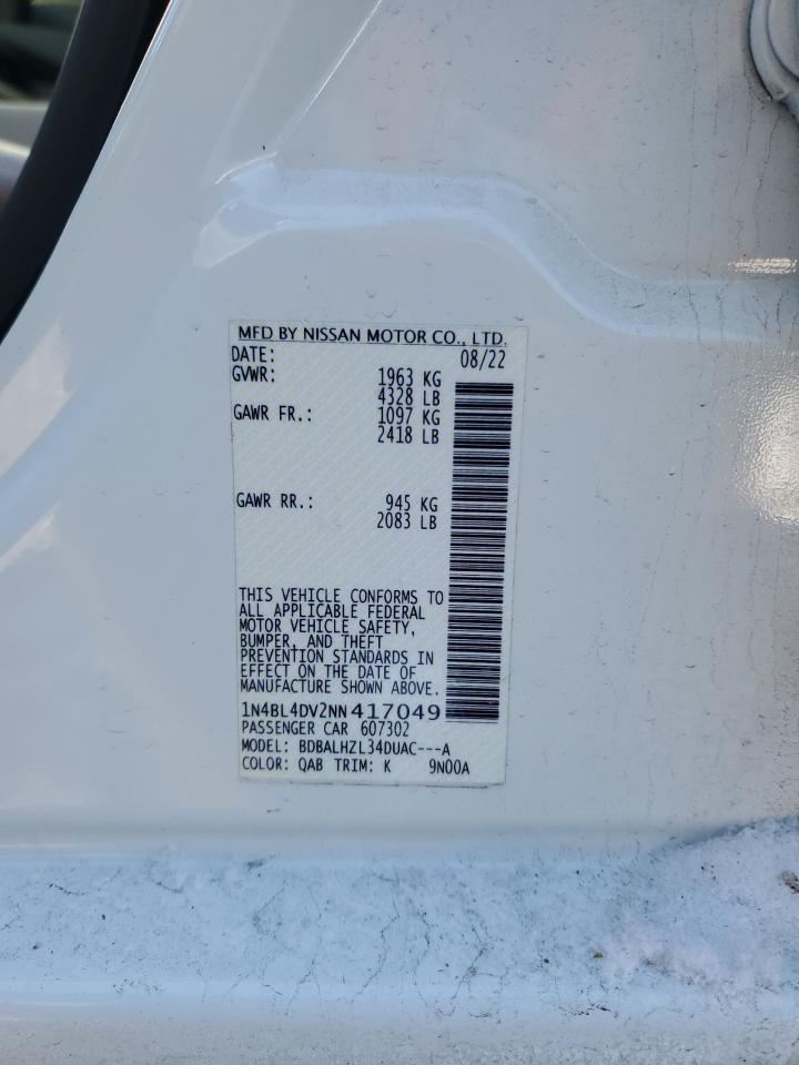 2022 NISSAN ALTIMA SV VIN:1N4BL4DV2NN417049