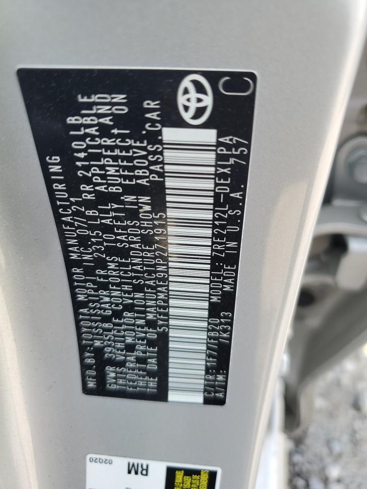 2022 TOYOTA COROLLA LE VIN:5YFEPMAE9NP271915